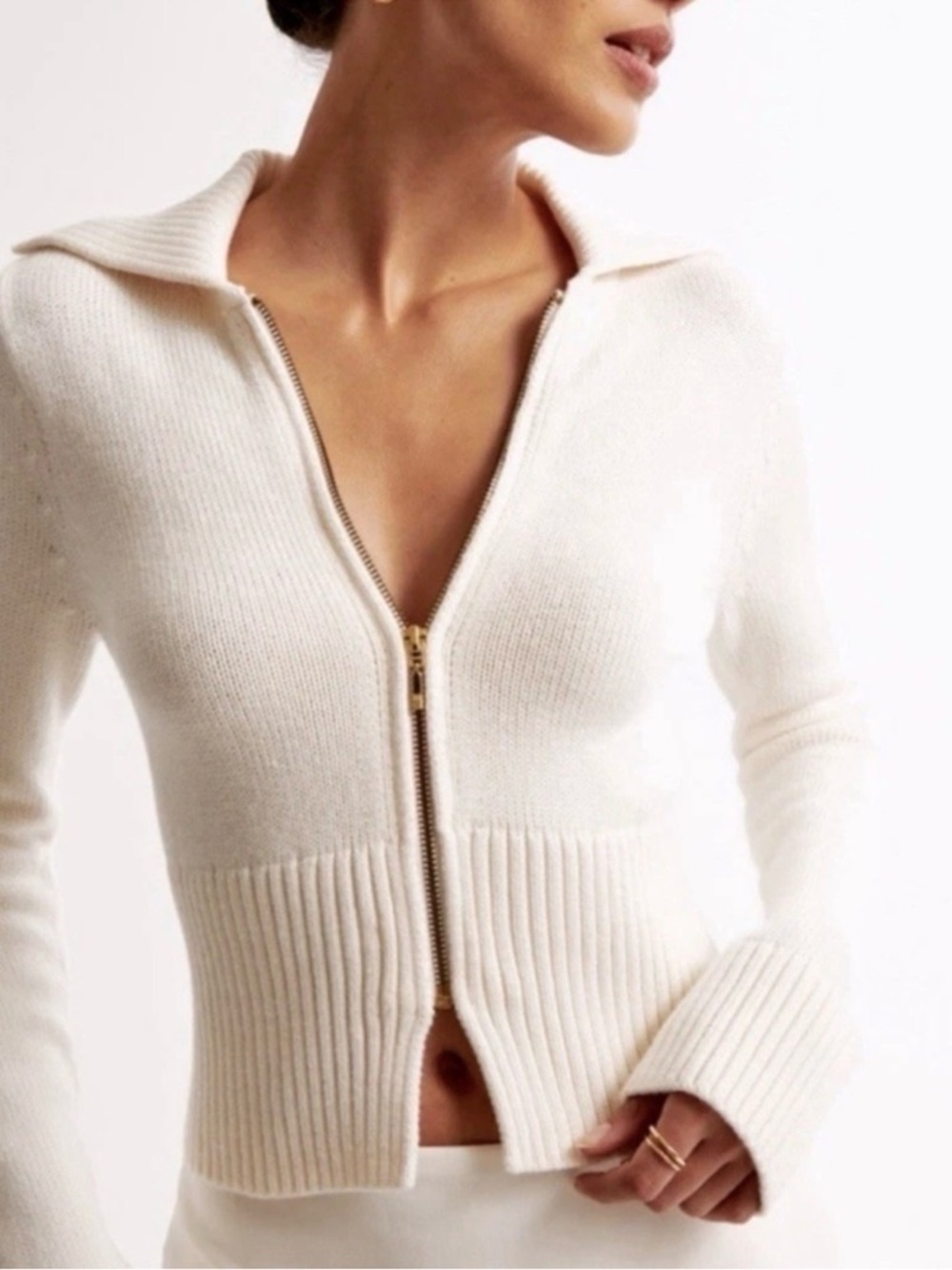 Abercrombie & Fitch Women's Knit Zip-Up Collared Cardigan Sweater Ivory